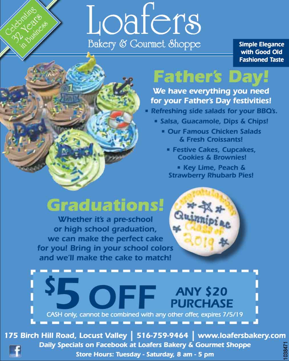 Restaurant advertisement for Loafers Bakery & Gourmet Shop