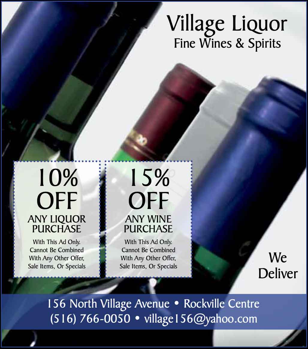 Liquor store advertisement for Village Liquor Fine Wines & Spirits