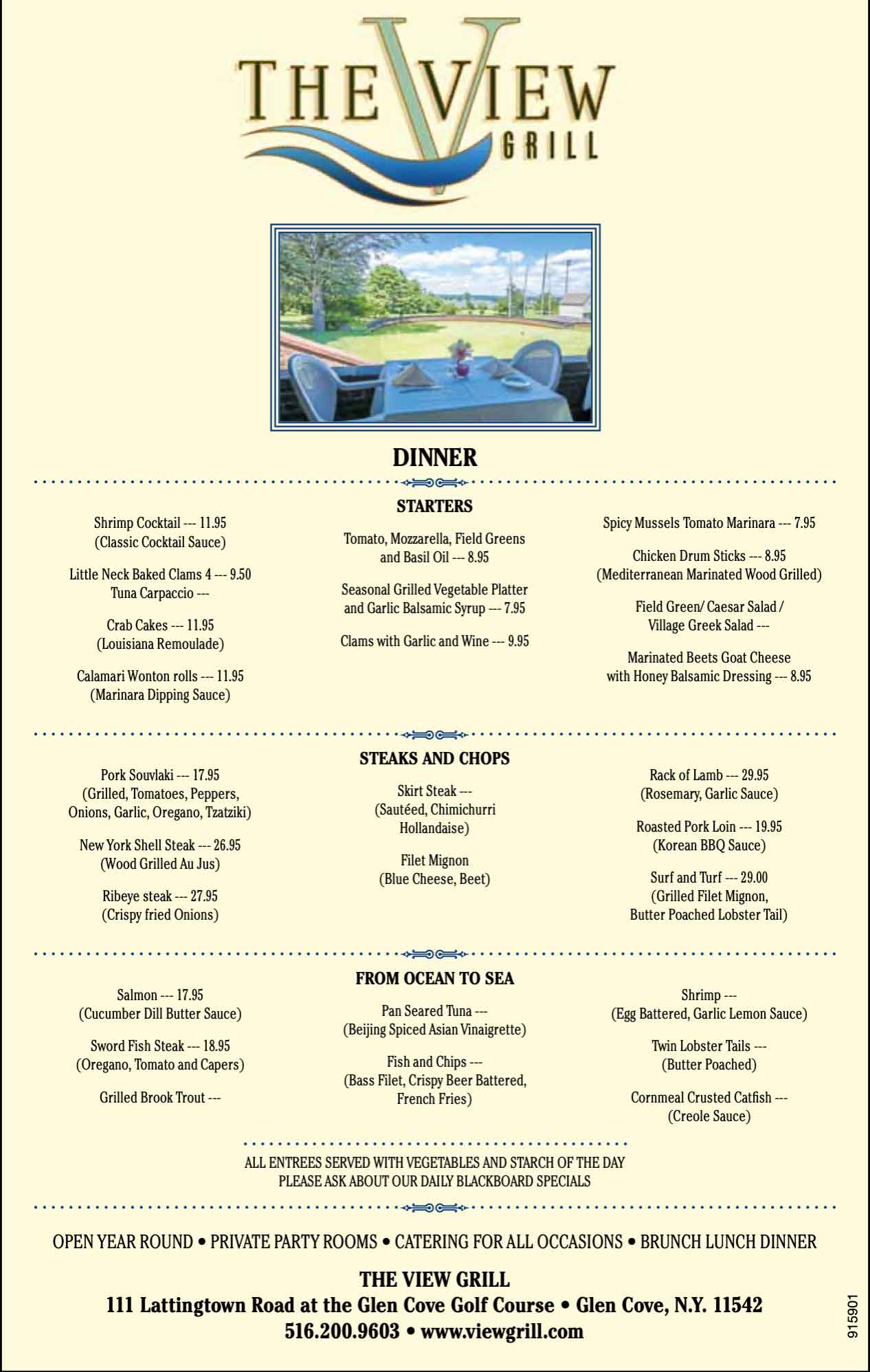 Restaurant menu advertisement for The View Grill