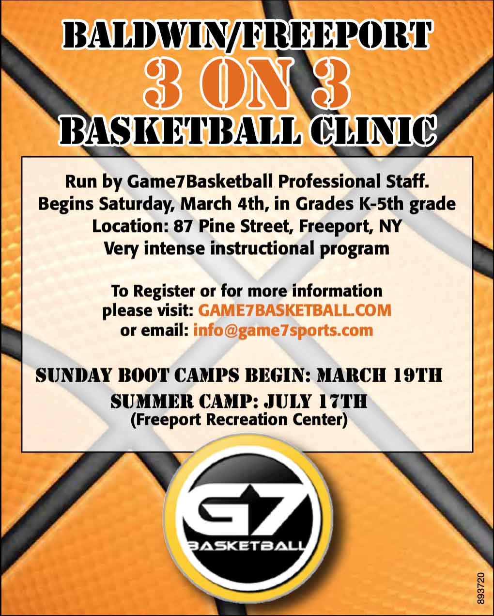Basketball training advertisement for Baldwin-Freeport 3 On 3