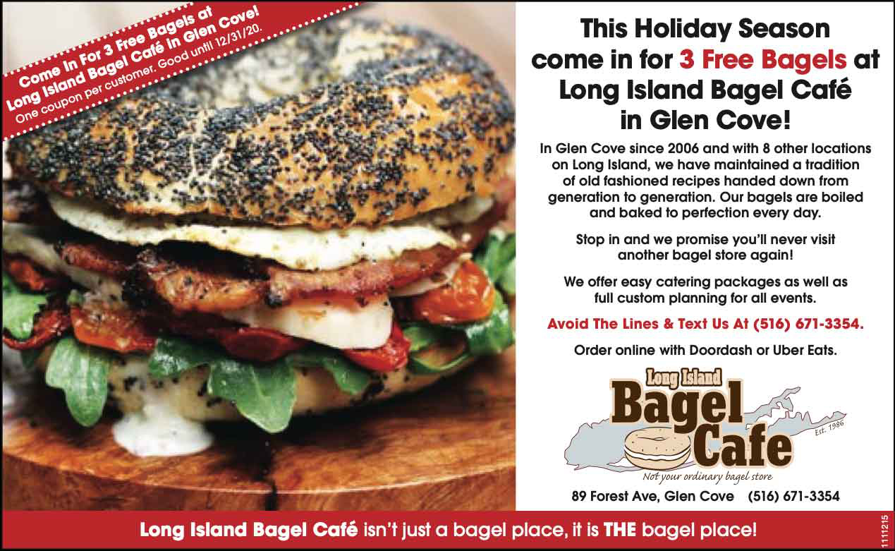 Restaurant advertisement for Long Island Bagel Cafe