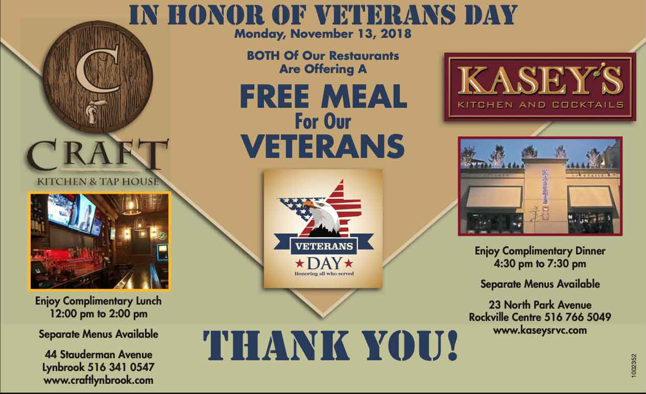 Veterans Day promotion advertisement for Craft Kitchen & Tap House and Kasey’s Kitchen and Cocktails