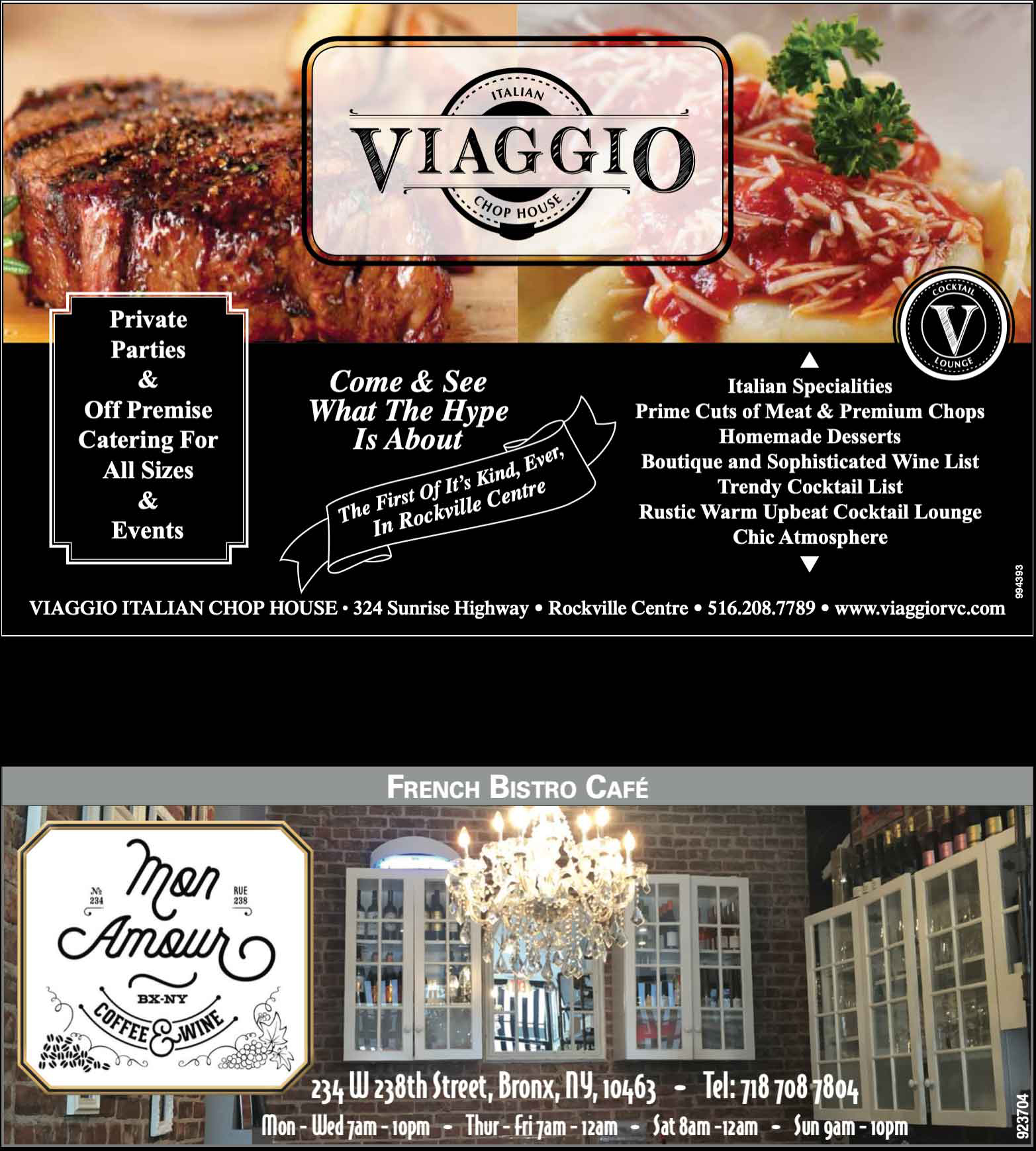 Restaurant advertisements for Viaggio Italian Chop House and Mon Amour Coffee & Wine