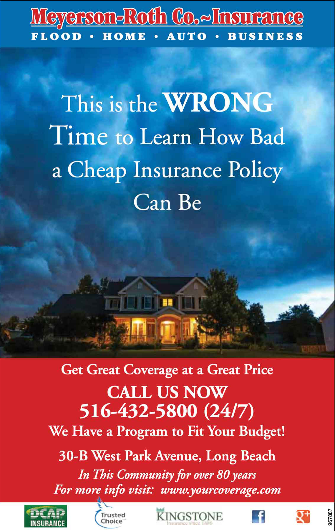 Insurance company advertisement for Meyerson-Roth Co. Insurance