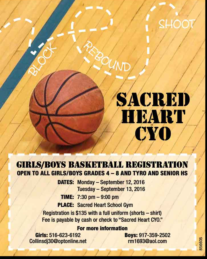 Basketball program advertisement for Sacred Heart Catholic Youth Organization