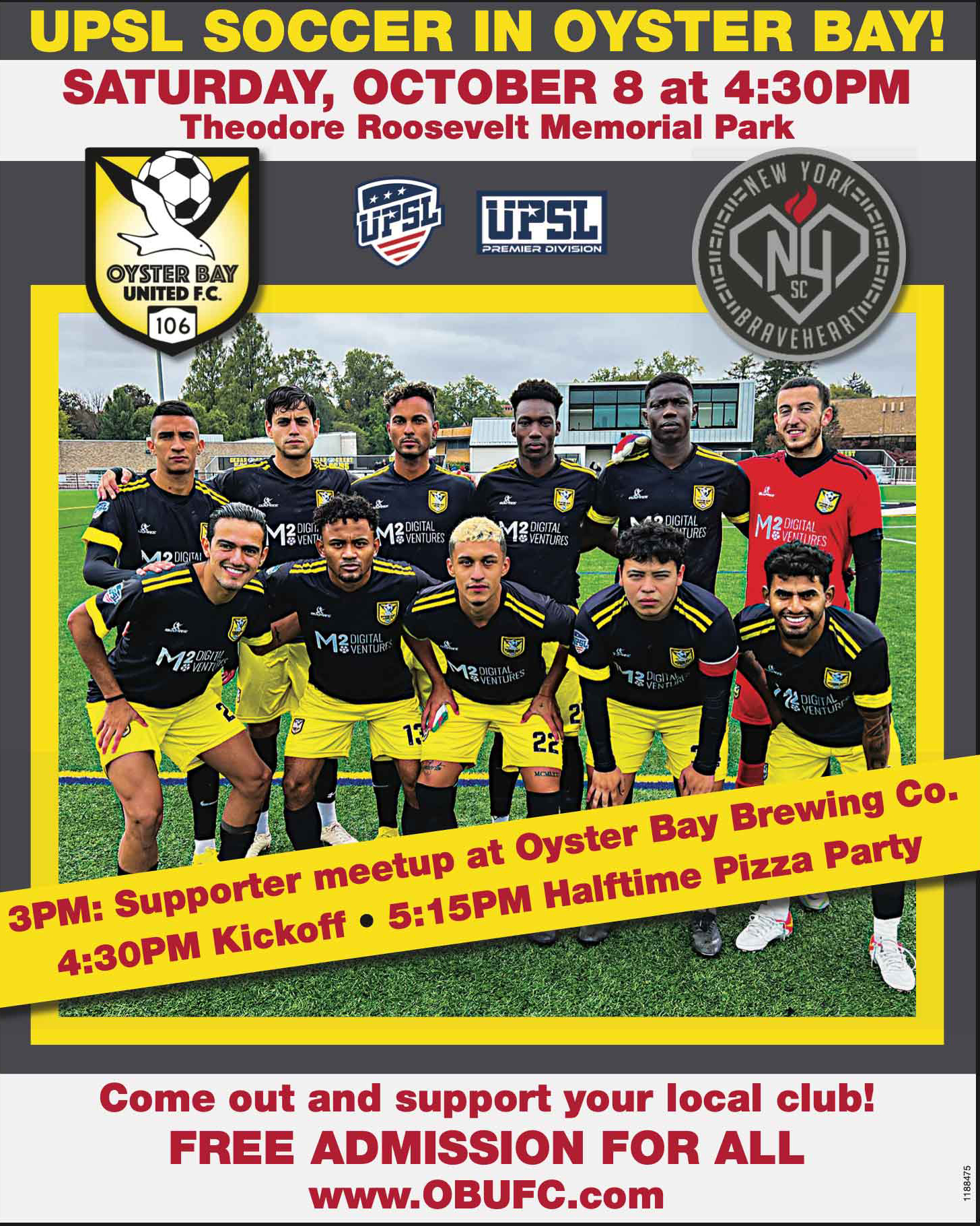 Soccer game advertisement and poster for Oyster Bay United Football Club