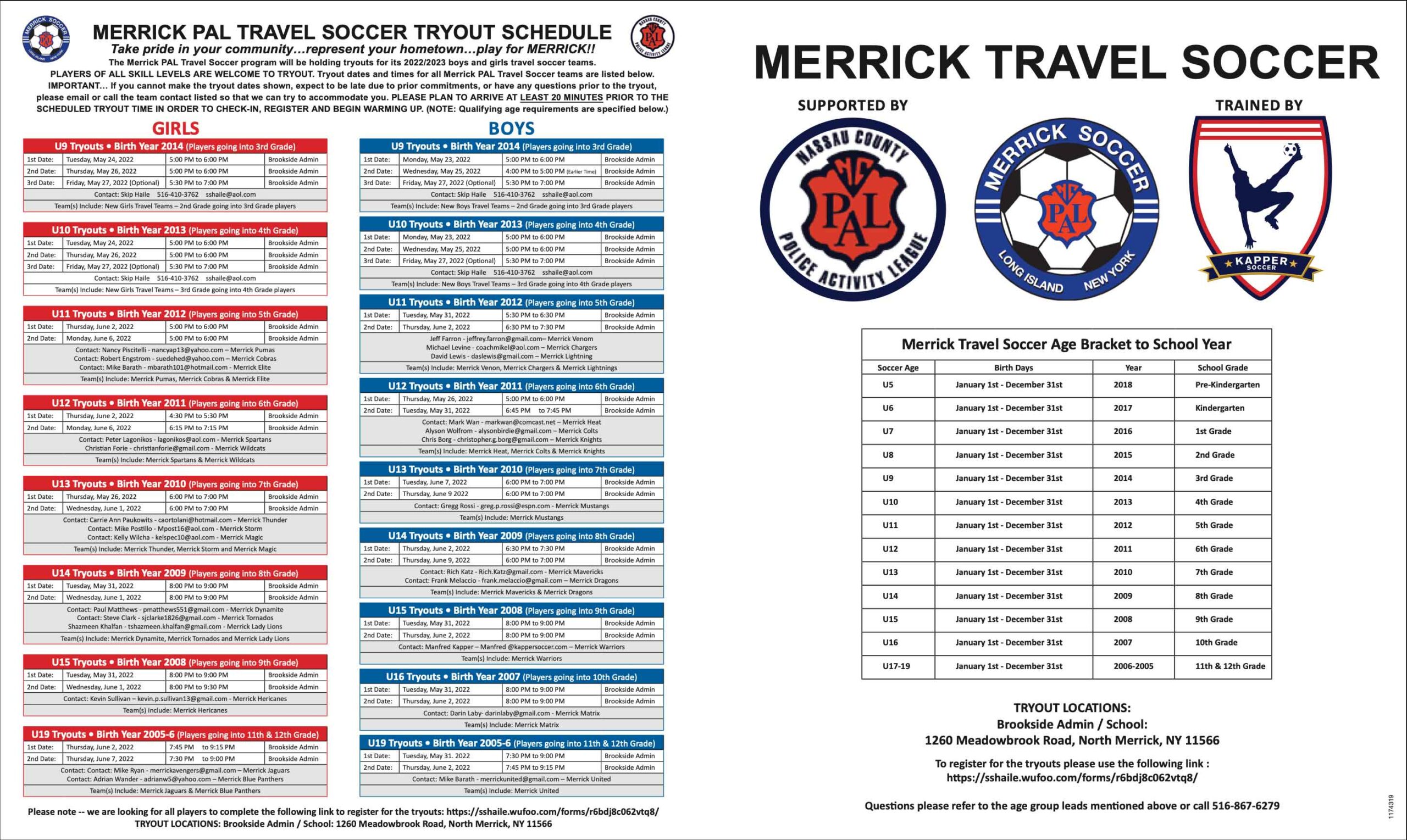 Soccer tryout advertisement for Merrick PAL Travel Soccer Program