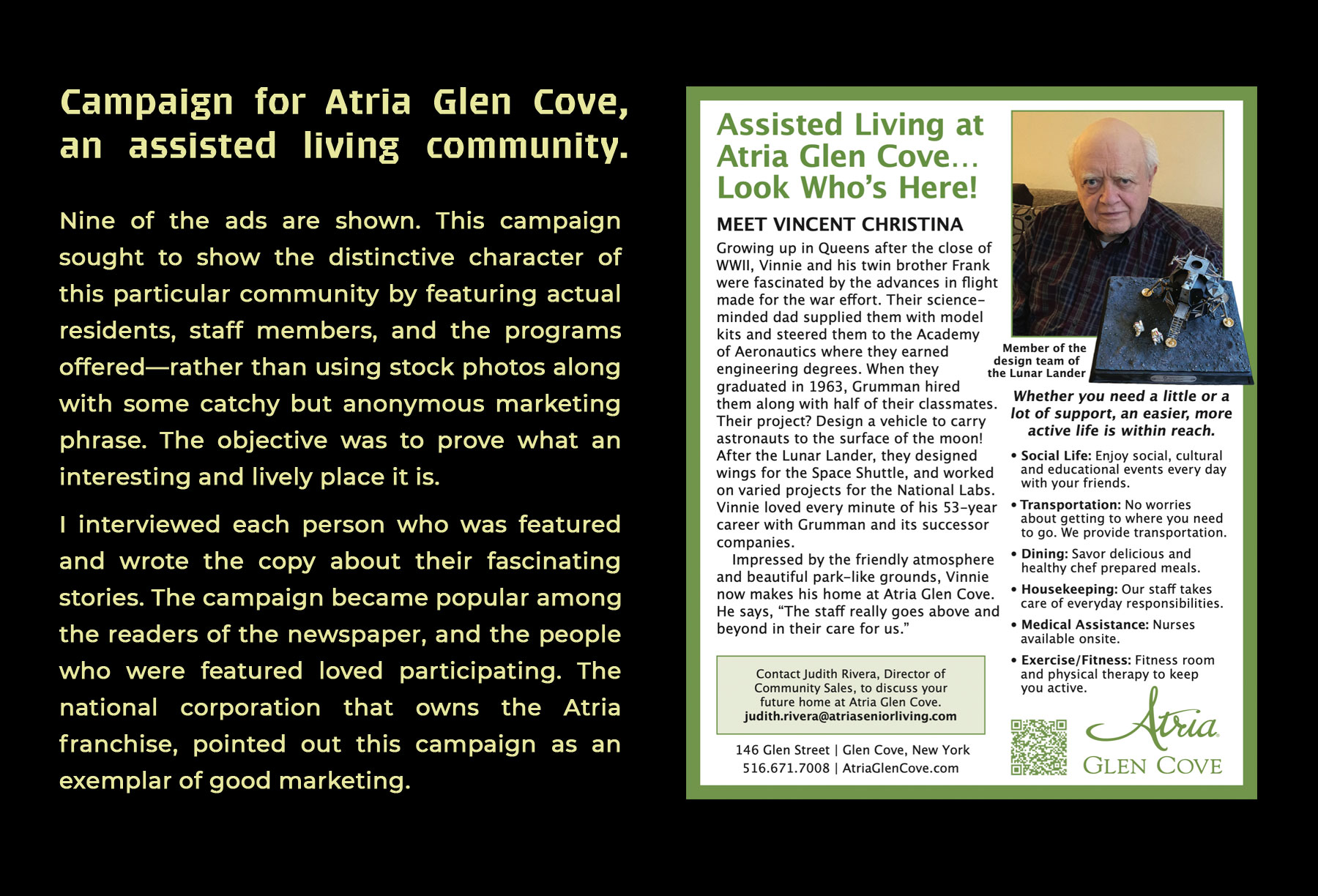 Advertising campaign for an assisted living community for Atria Glen Cove