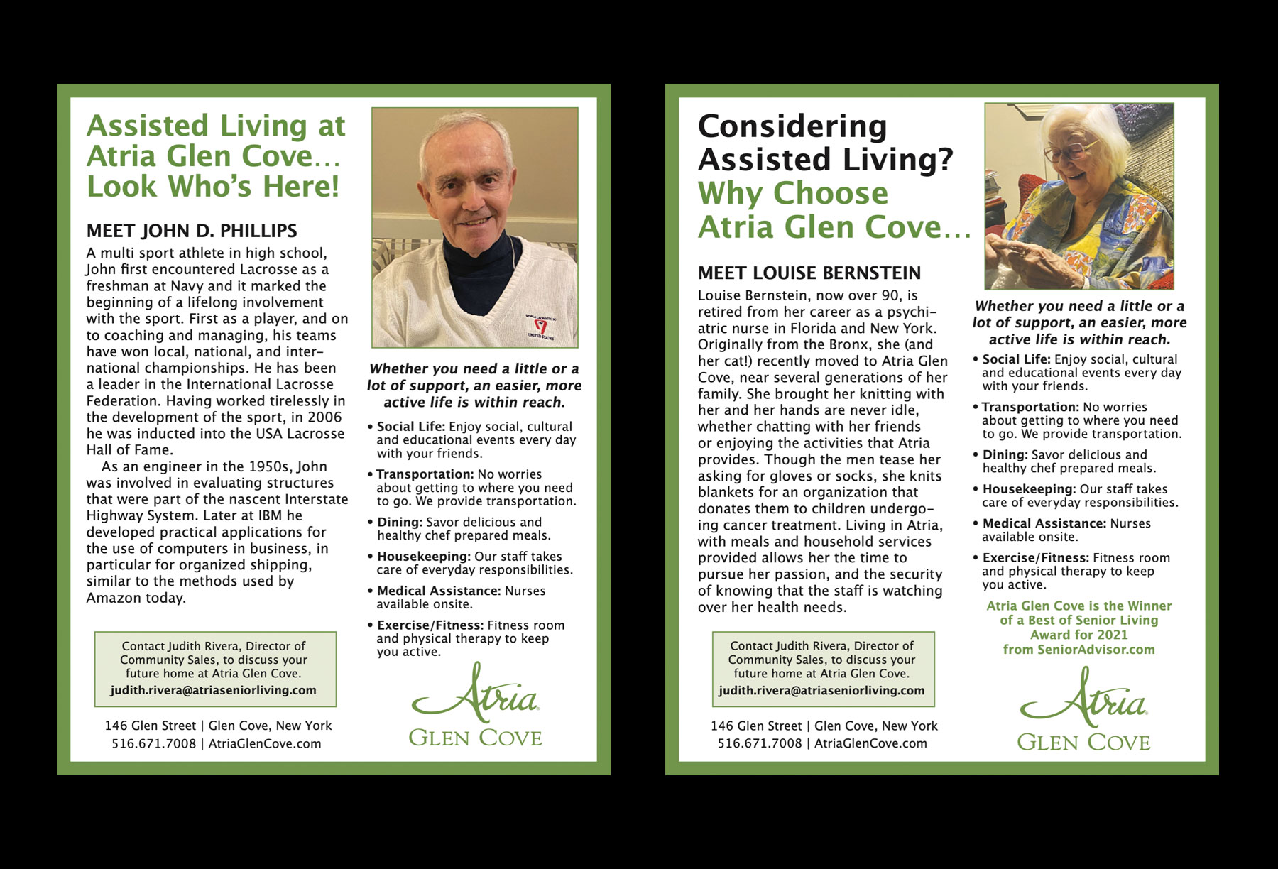 Advertising campaign for an assisted living community for Atria Glen Cove