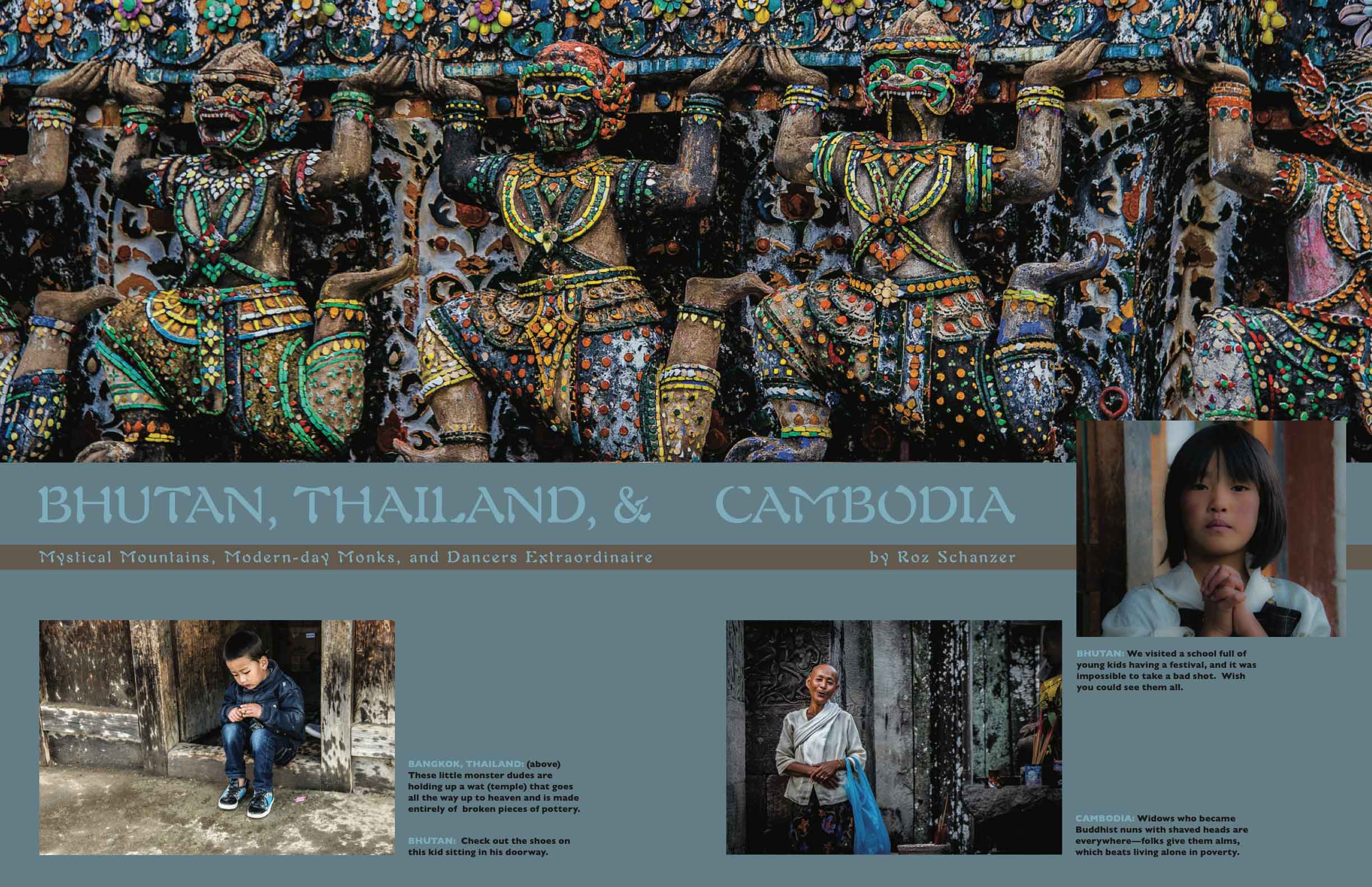Editorial design for family magazine feature about travel photographs: “Bhutan, Thailand, & Cambodia