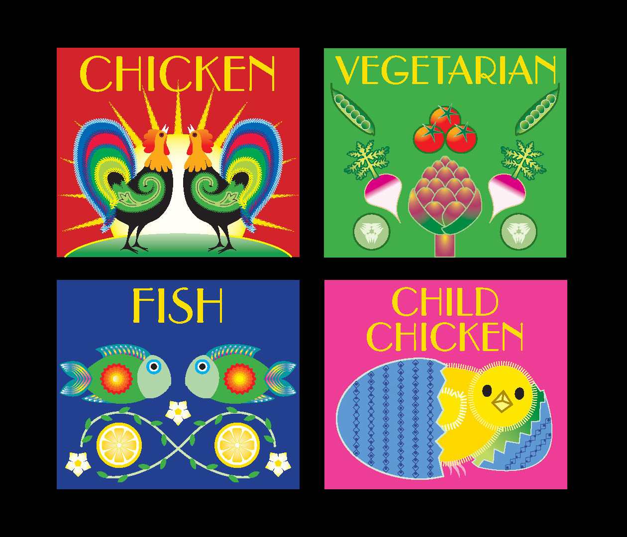 Menu choice place cards designs based on Polish folk art for a catered meal