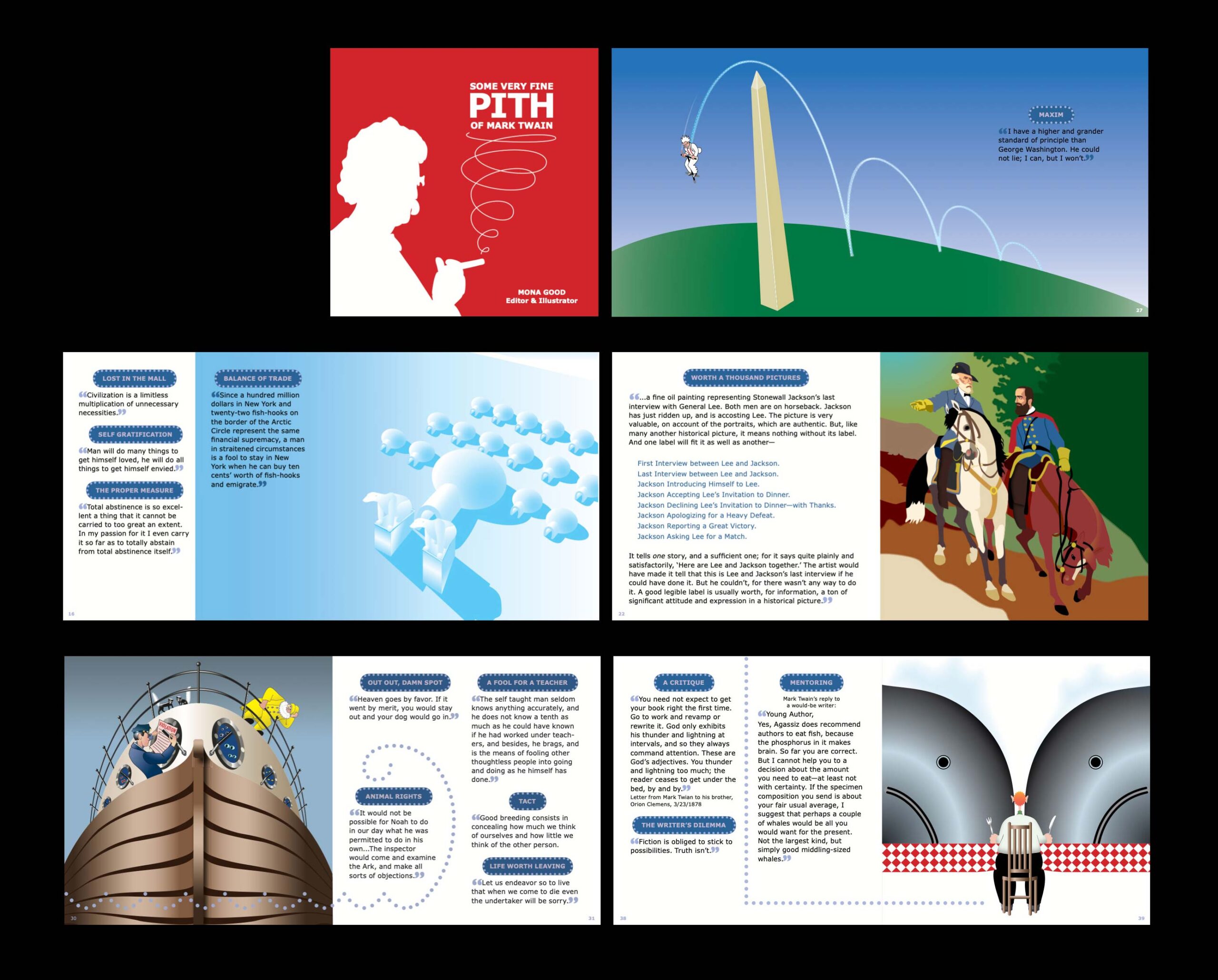 Cover and spreads from a book of illustrated quotes of Mark Twain
